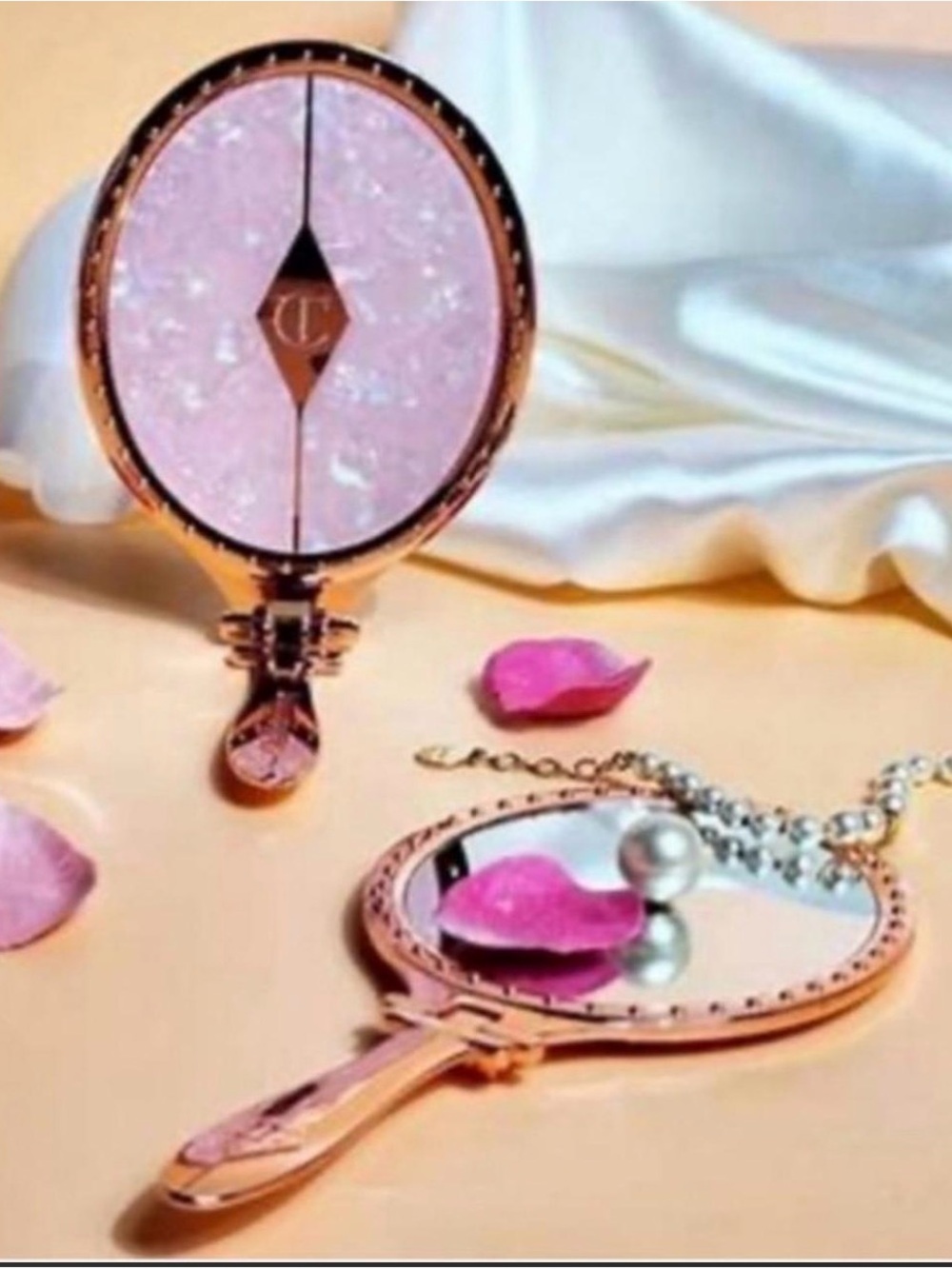 Exquisite Charlotte Tilbury Rose Gold and Pink Hand Mirror Duo